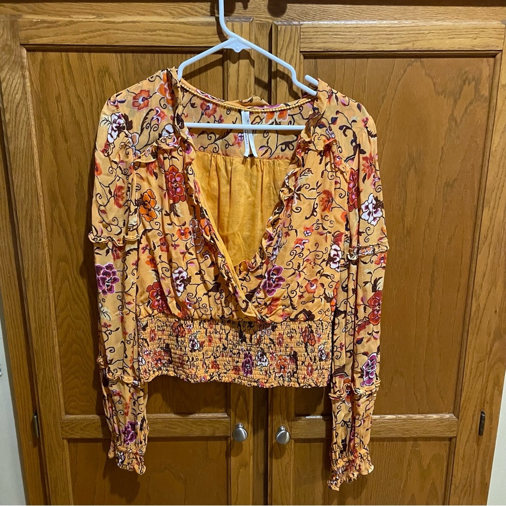Anthropologie Printed Ruffle Blouse Golden Floral Print - Picture 3 of 7